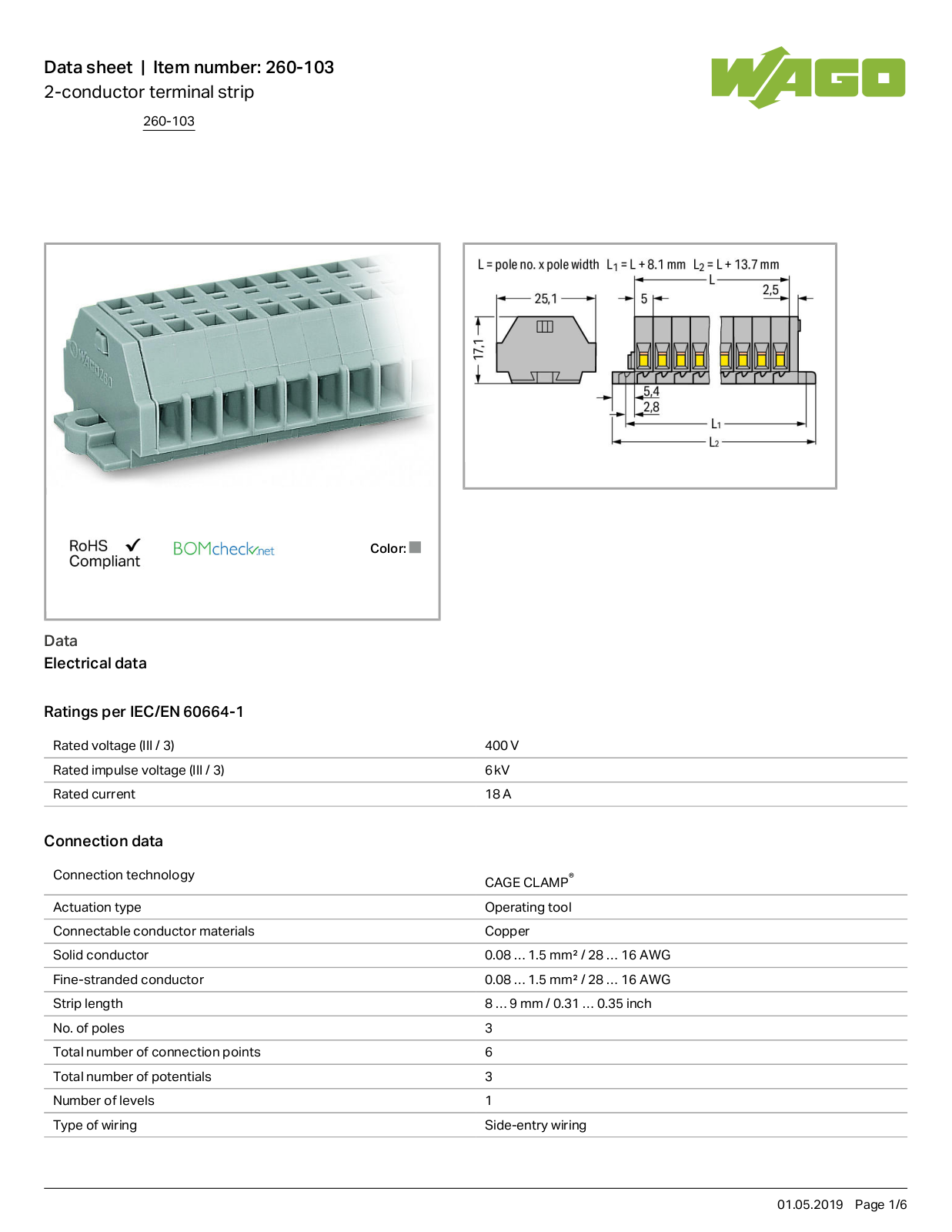 Wago 260-103 Data Sheet