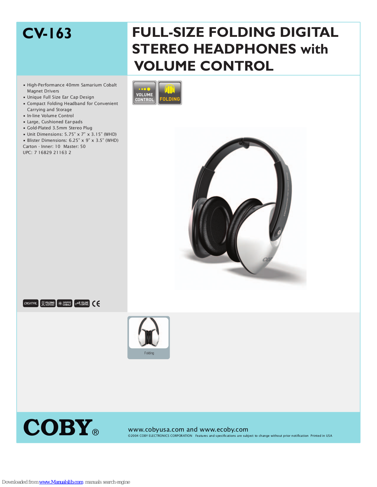 Coby CV163 - CV 163 - Headphones, CV-163 Specification Sheet