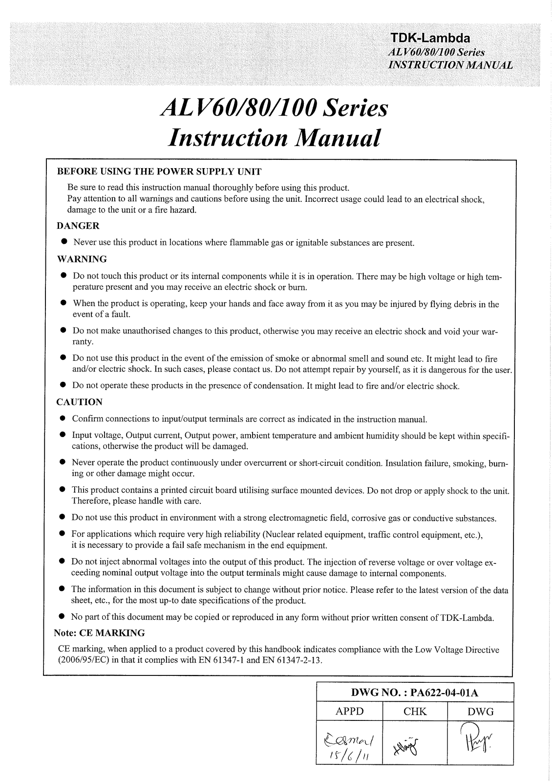 TDK-Lambda ALV60 Series, ALV80 Series, ALV100 Series Instruction Manual