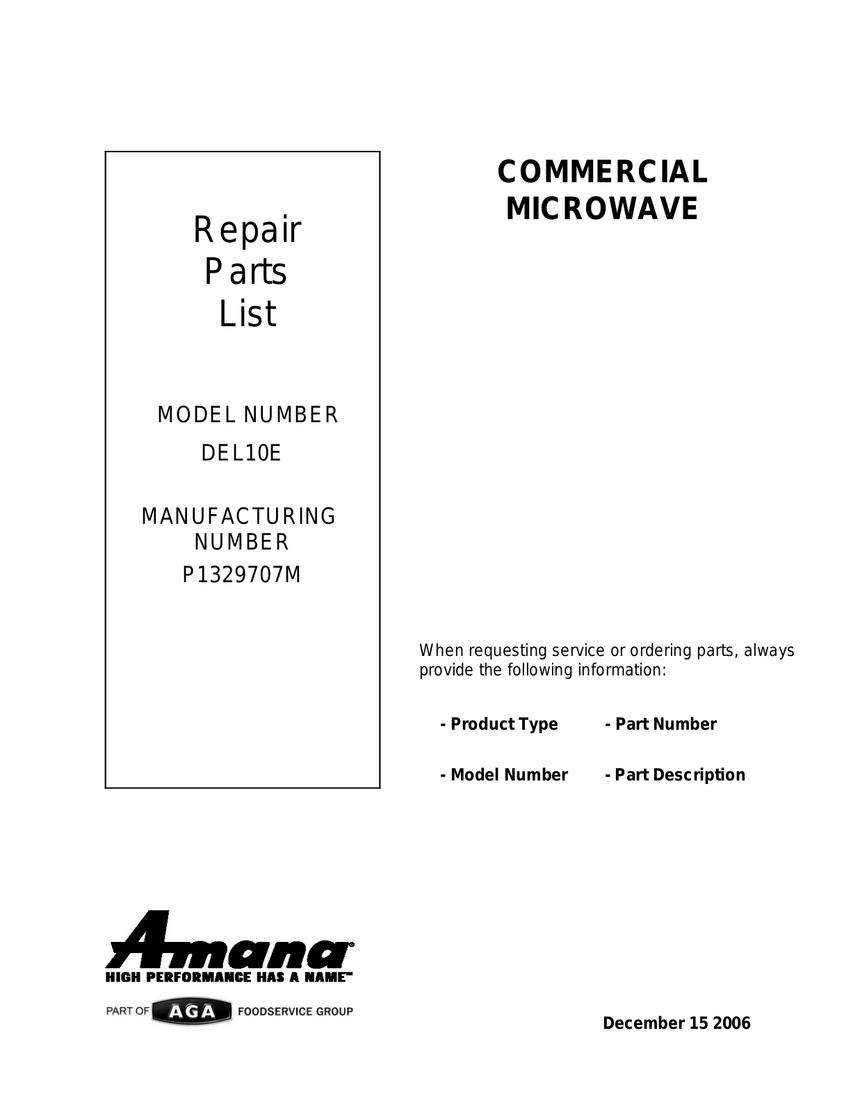 Amana Menumaster DEL10E Parts List