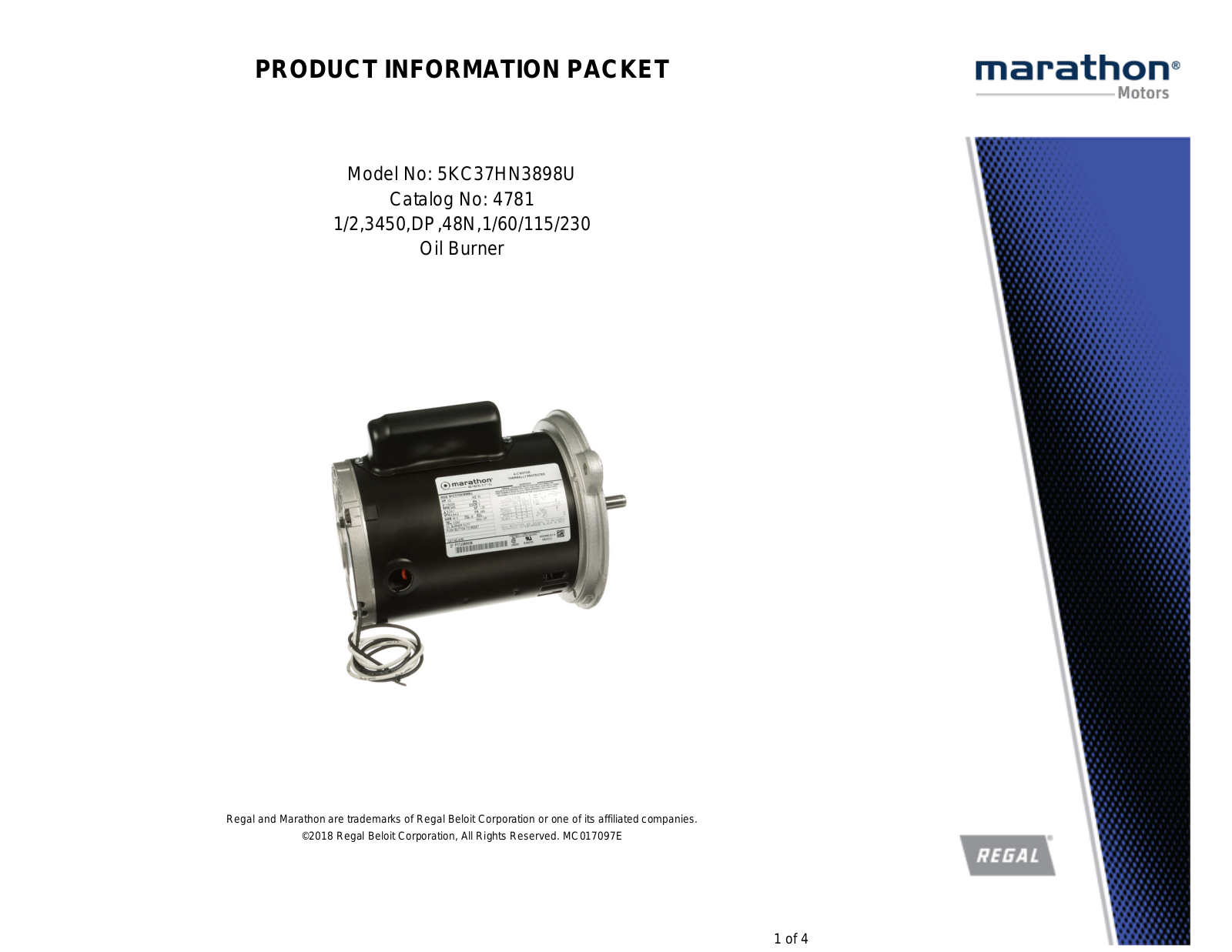 Marathon Electric 5KC37HN3898U Product Information Packet