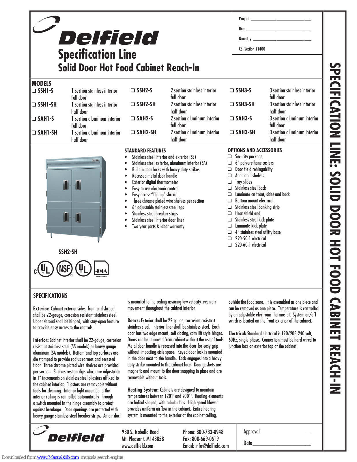 Delfield SAH1-S, SAH1-SH, SAH2-S, SAH2-SH, SAH3-S Specifications