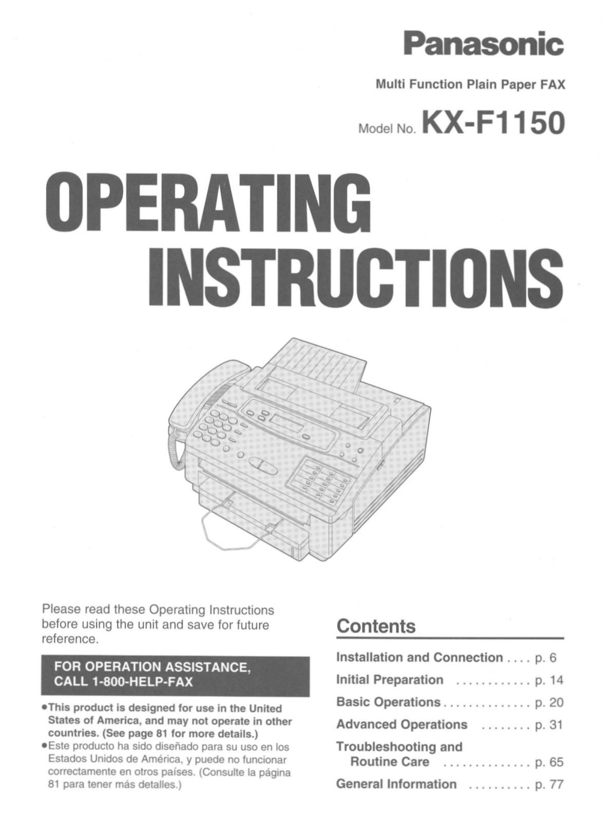 Panasonic KX-F1150 Operating Instruction