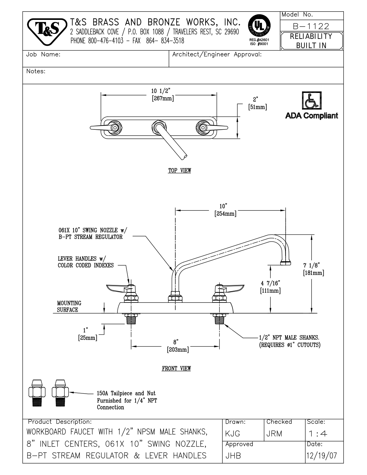 T & S Brass & Bronze Works B-1122 General Manual