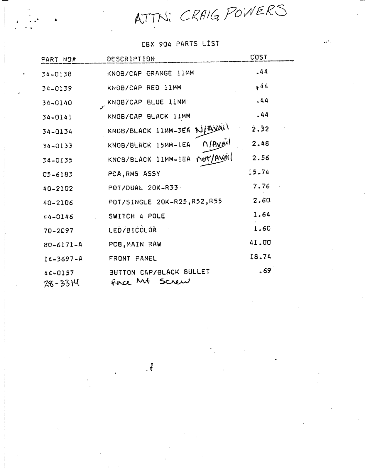 DBX 904 Parts List