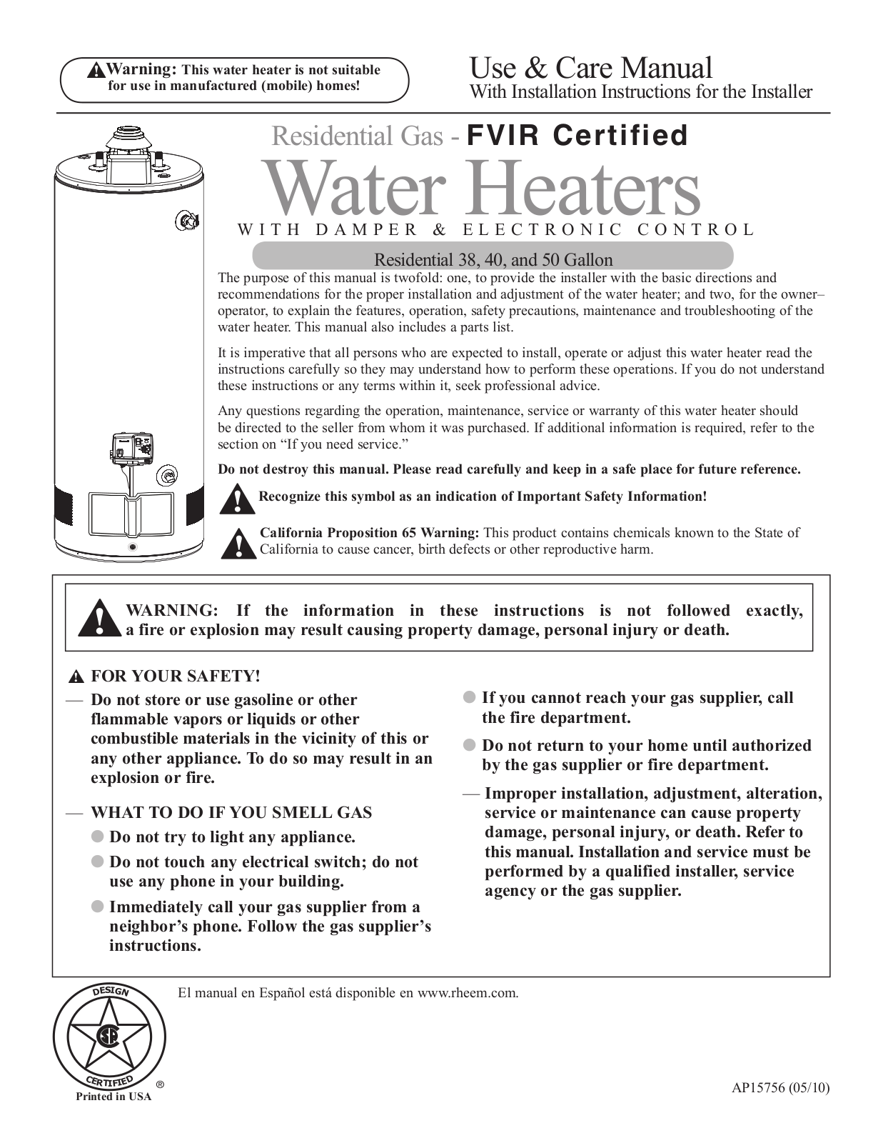 Rheem PROPLUSG5036PRH67PD, PROPLUSG5040NRH67PD User Manual