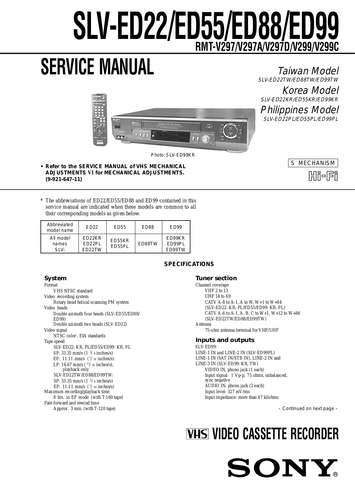 Sony SLV-ED22, SLV-ED55, SLV-ED88, SLV-ED99 Service manual