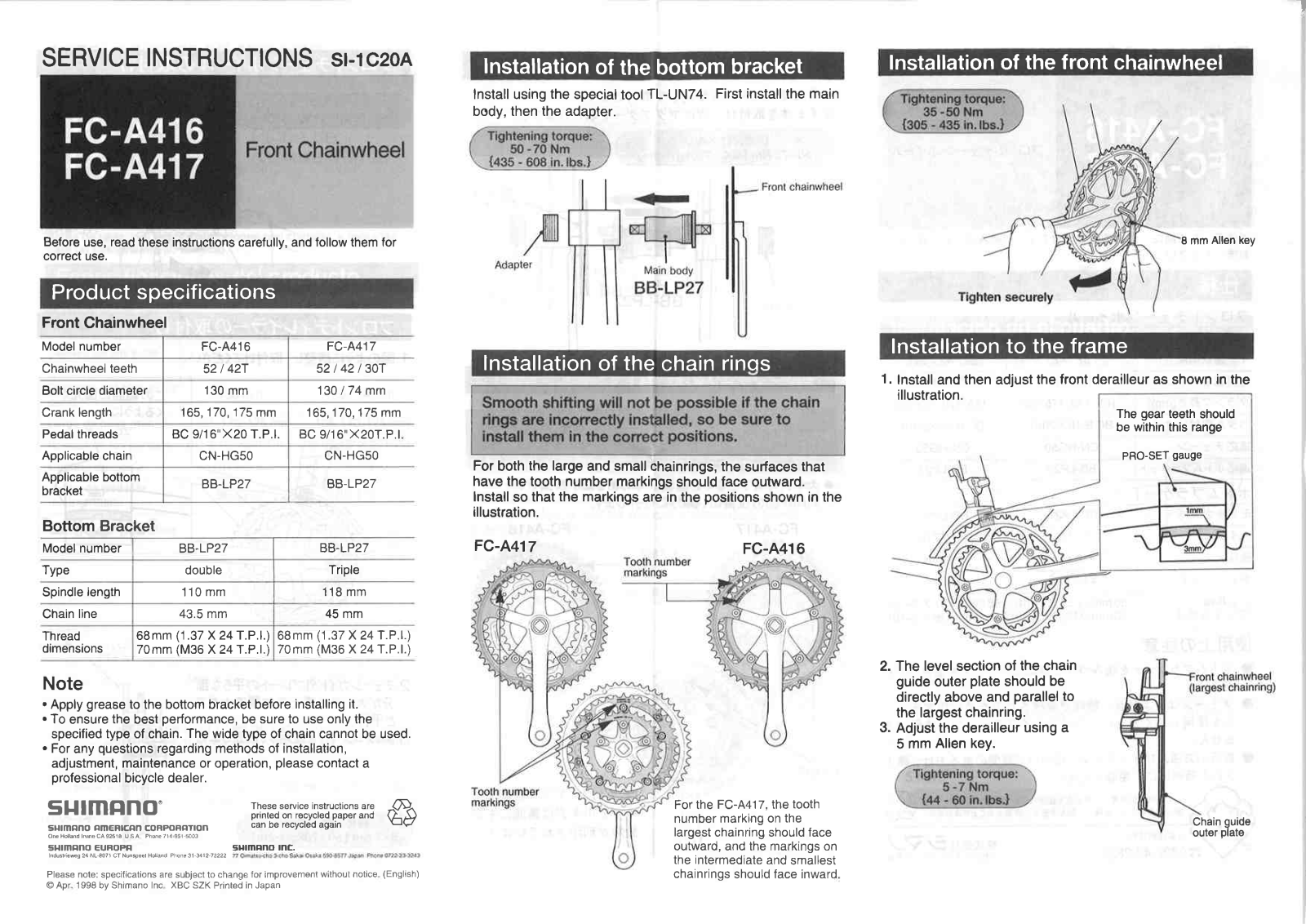 Shimano BB-LP27, FC-A416, FC-A417 Service Instructions - ManualMachine.com