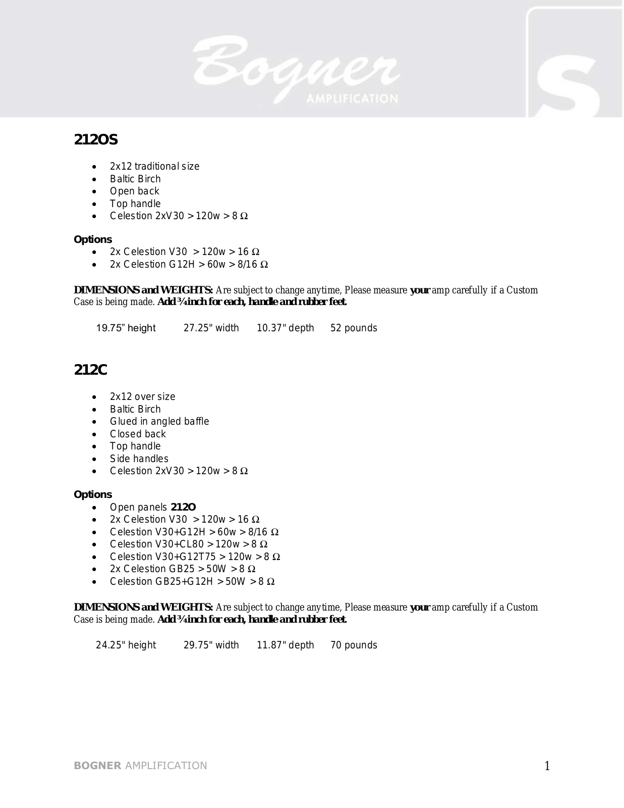 Bogner 212OS, 212C, 212GFO, 212CB Data Sheet