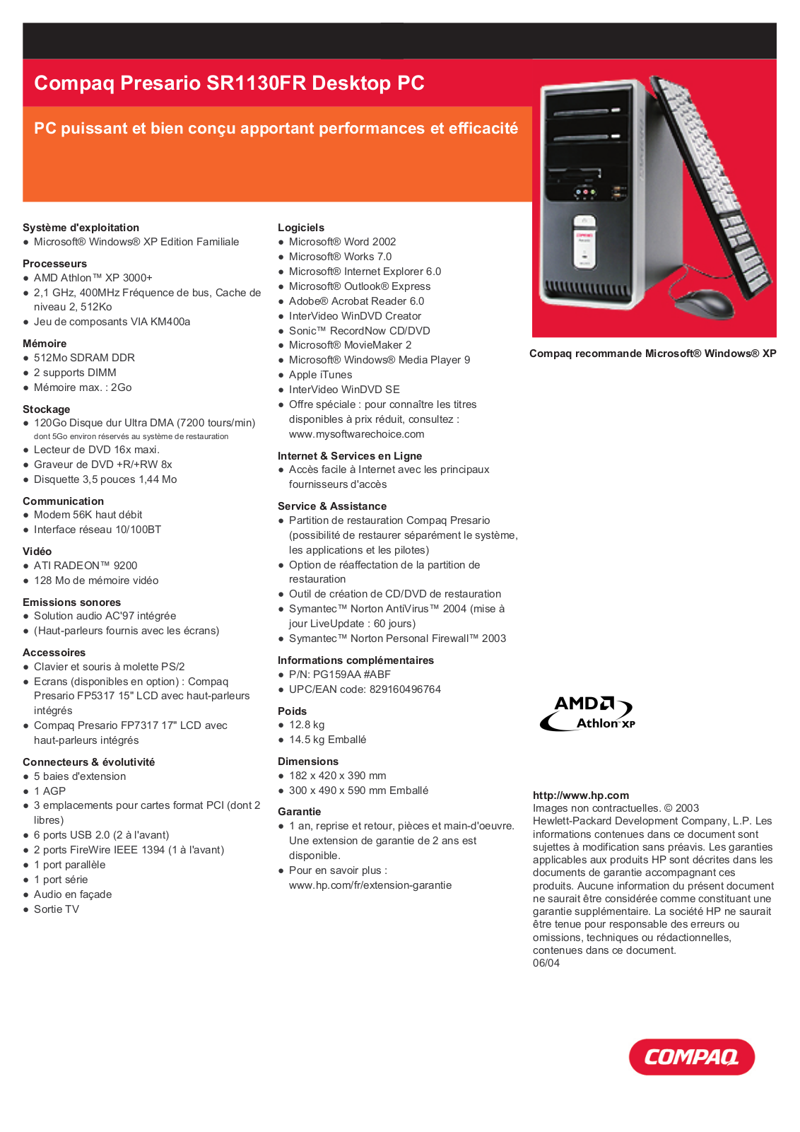 HP Compaq Presario SR1130FR Datasheet