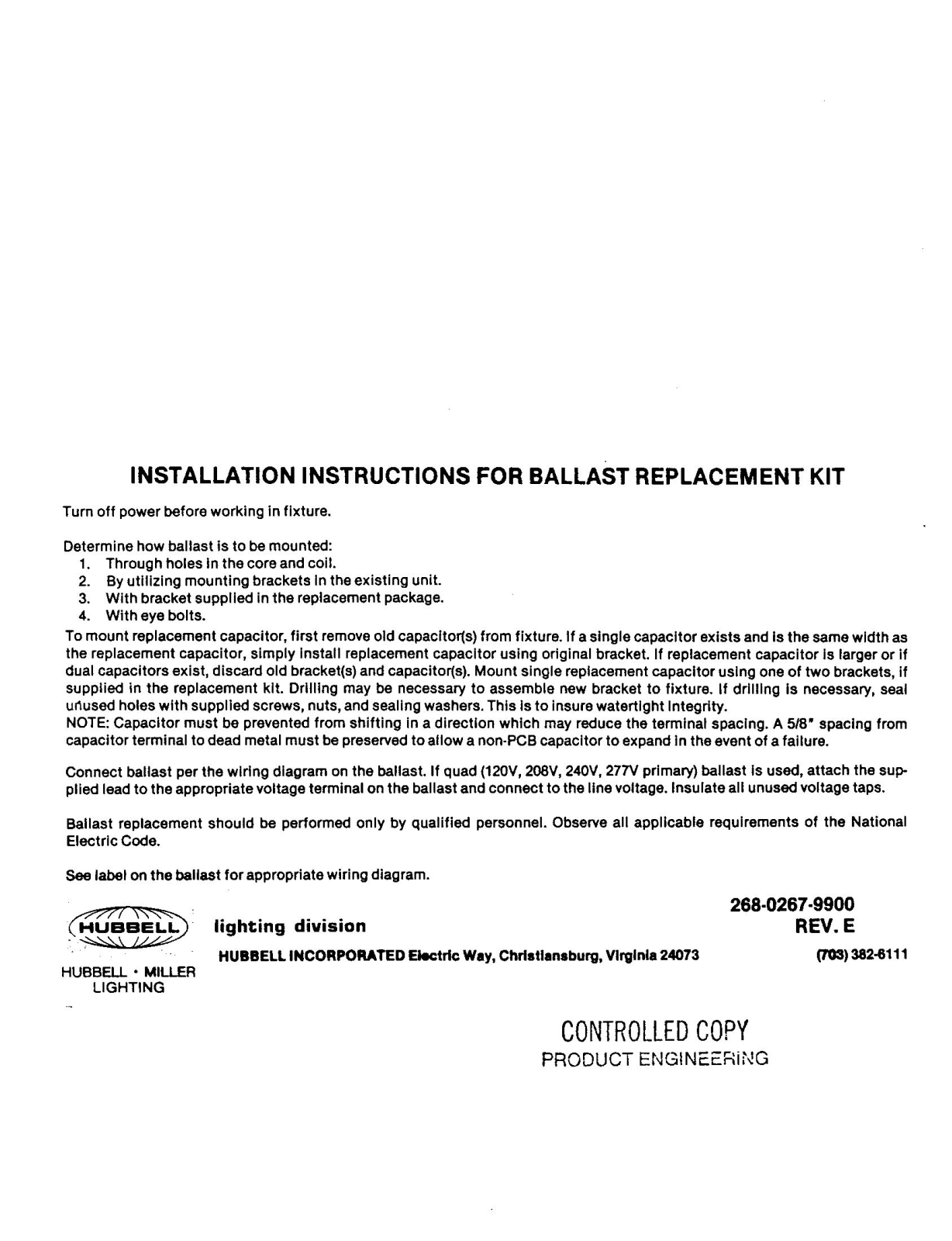 Hubbell Lighting BALLAST REPLACEMENT KIT User Manual