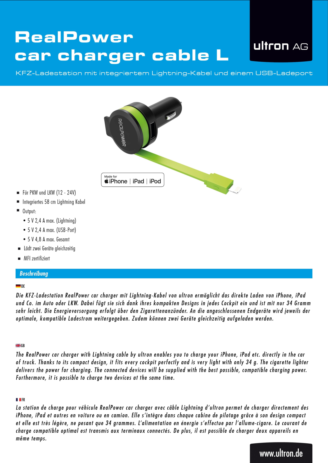 Ultron RealPower car Charger cable L User Manual