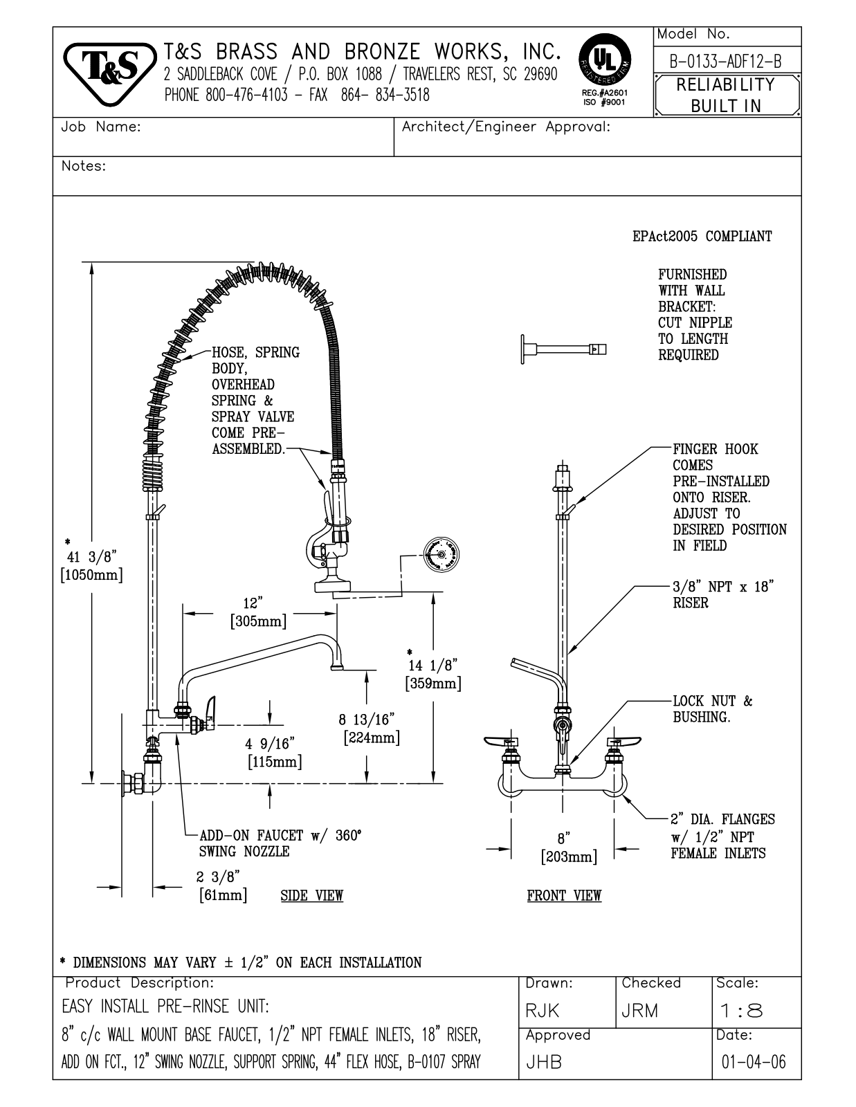 T & S Brass & Bronze Works B-0133-ADF12-B General Manual