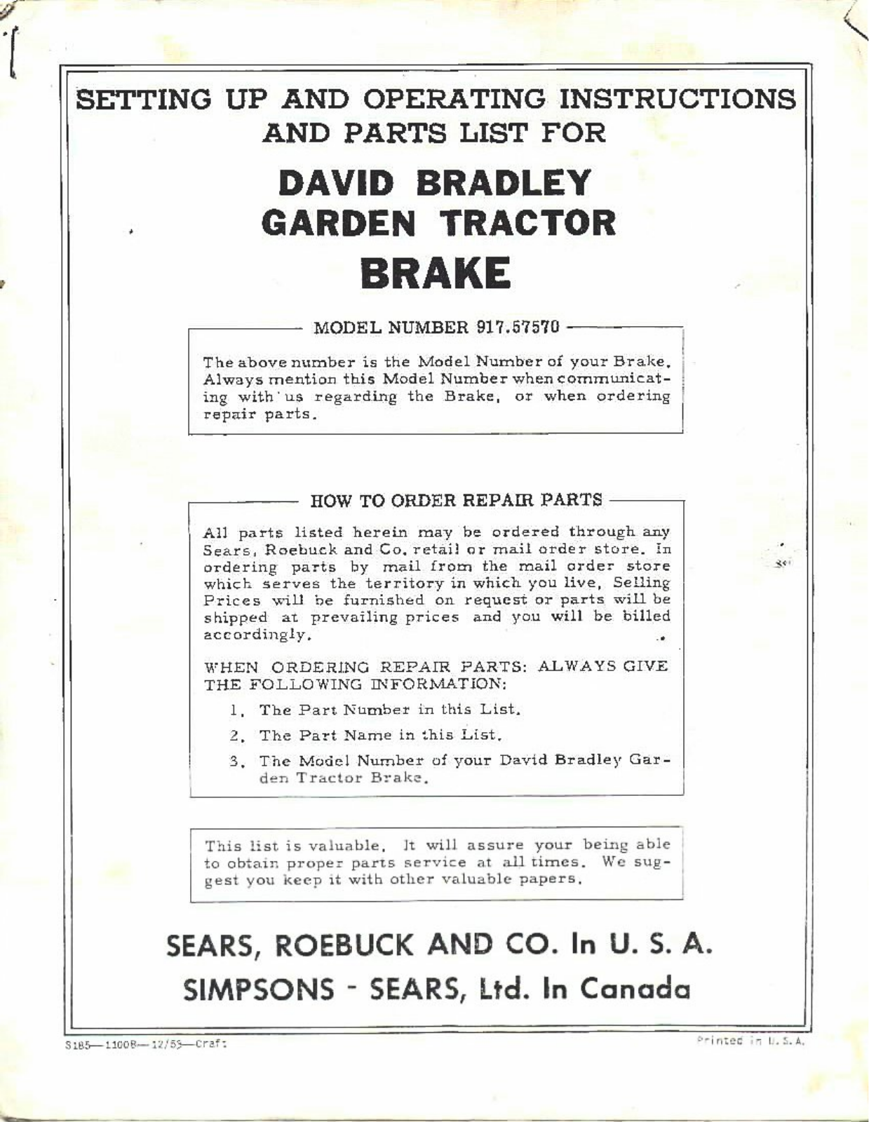 David Bradley 917.57570 Operating instructions