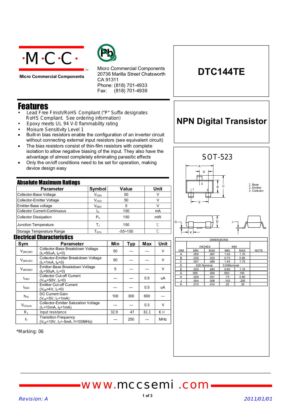 Datasheet dtc144te_sot-523 Datasheet - ManualMachine.com