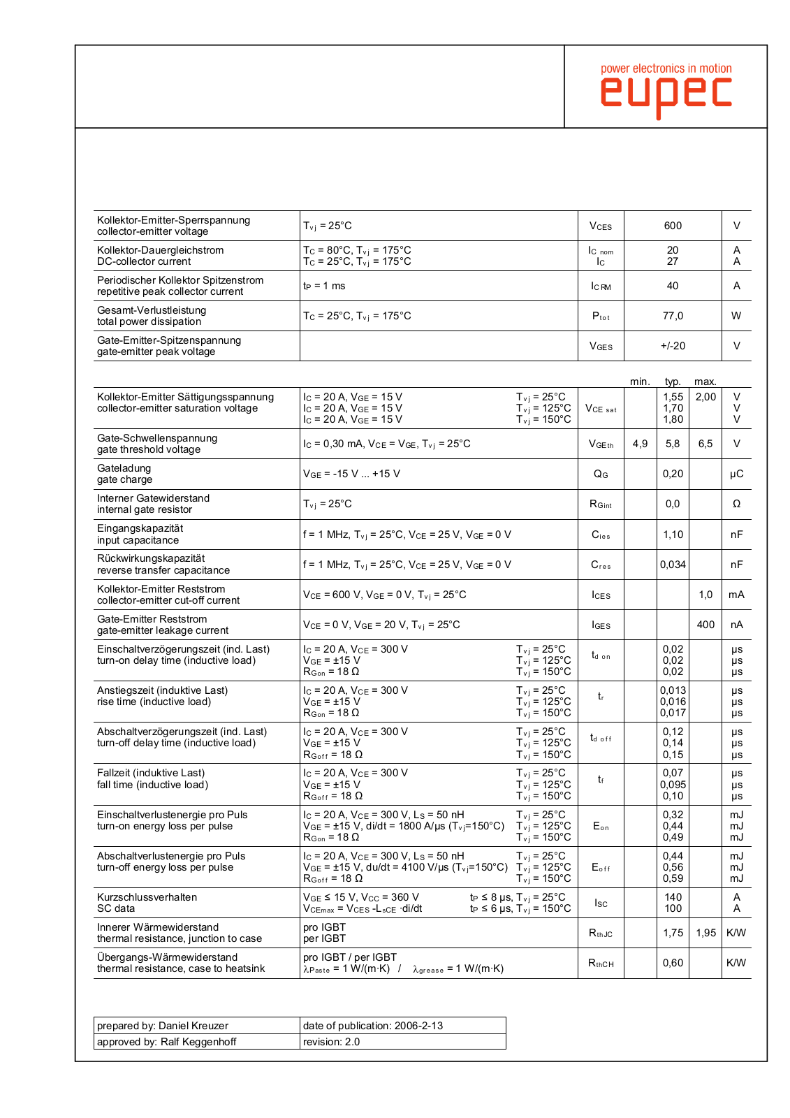 Infineon FP20R06YE3-B4 Data Sheet