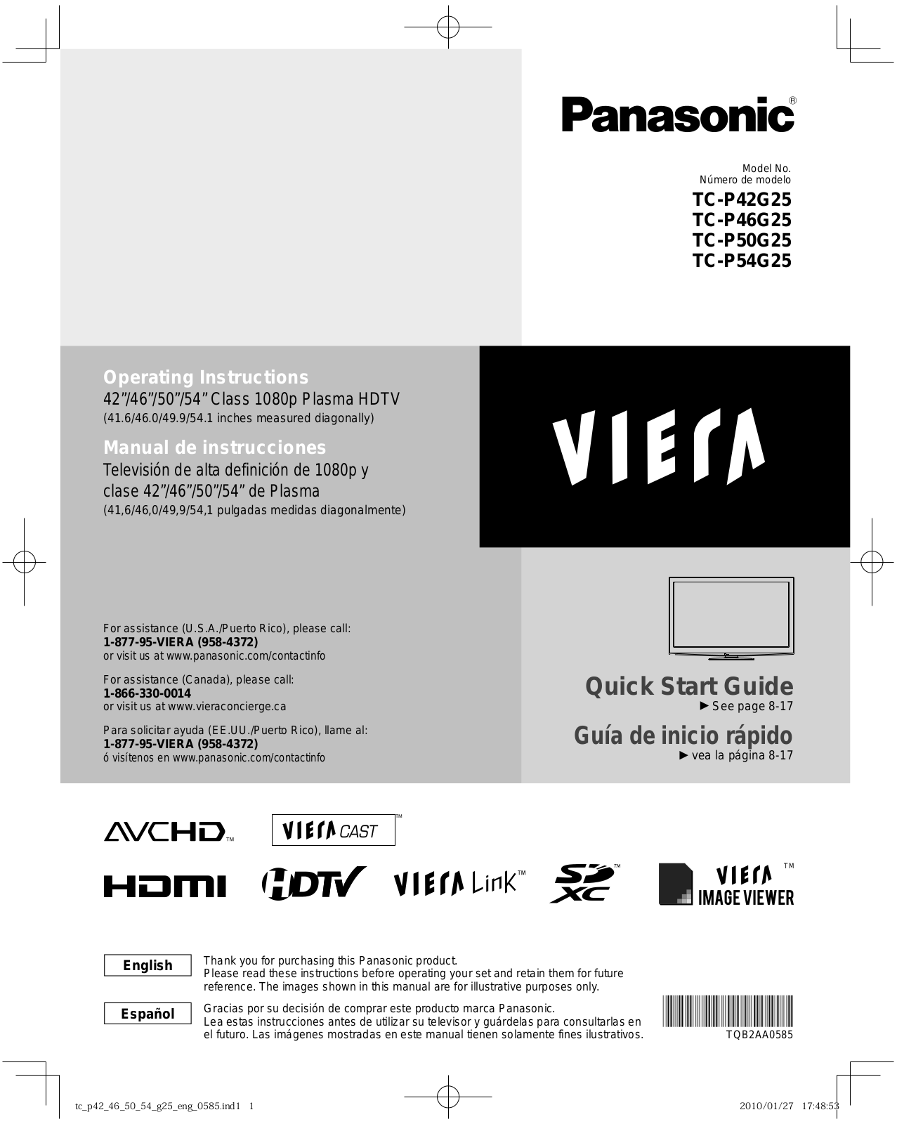 Panasonic TC-P42G25, TC-P46G25, TC-P50G25, TC-P54G25 Operating Instruction