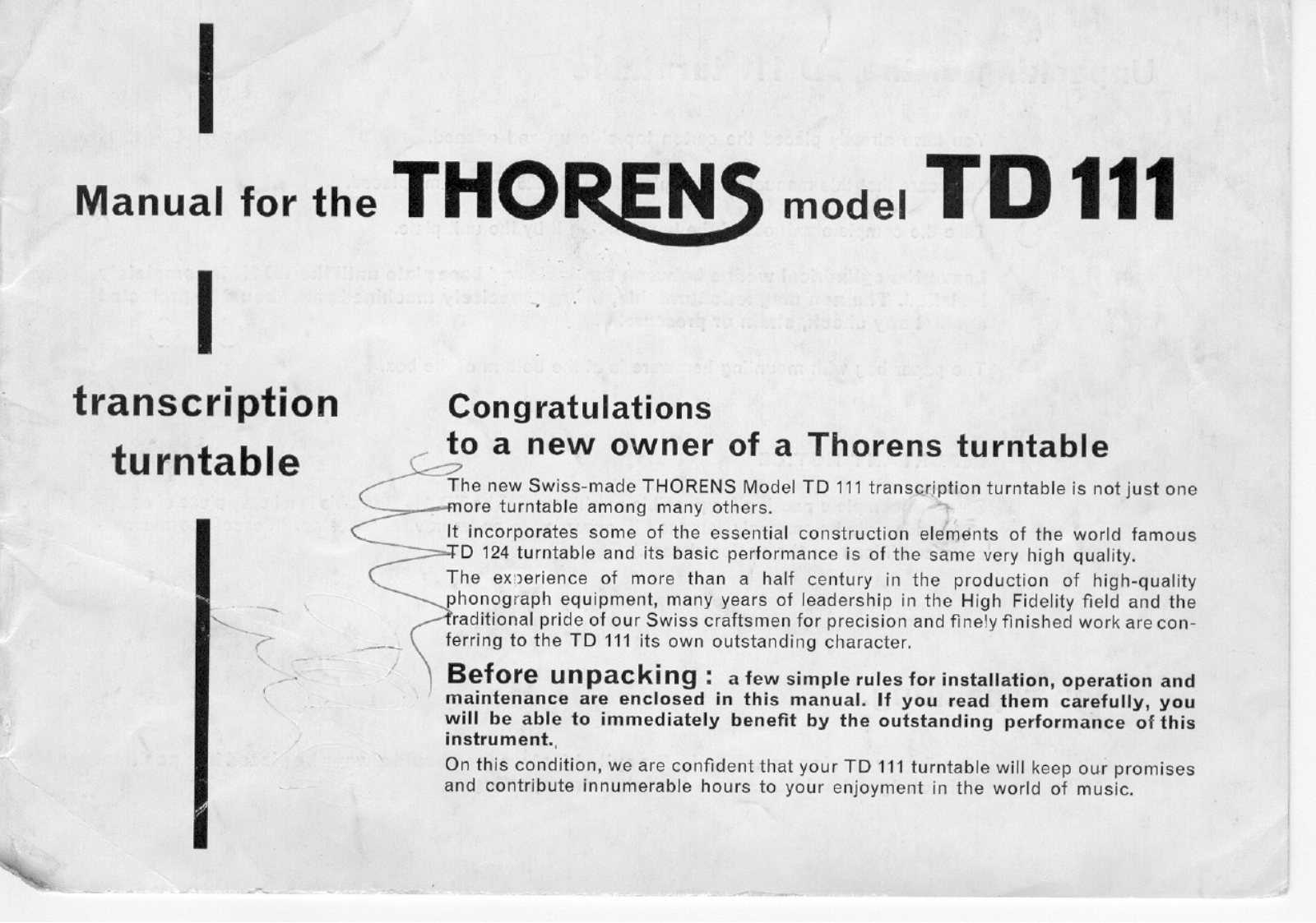 Thorens TD-111 Owners manual