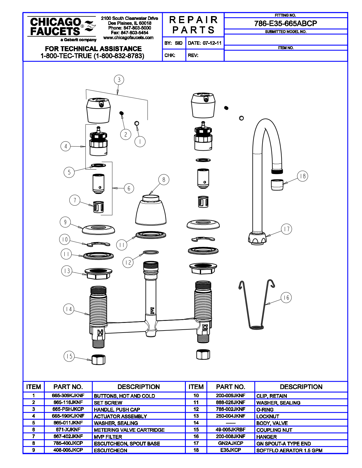 Chicago Faucet 786-E35-665ABCP Parts List