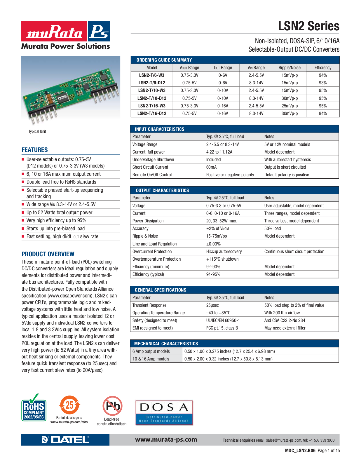 MURATA LSN2 Technical data