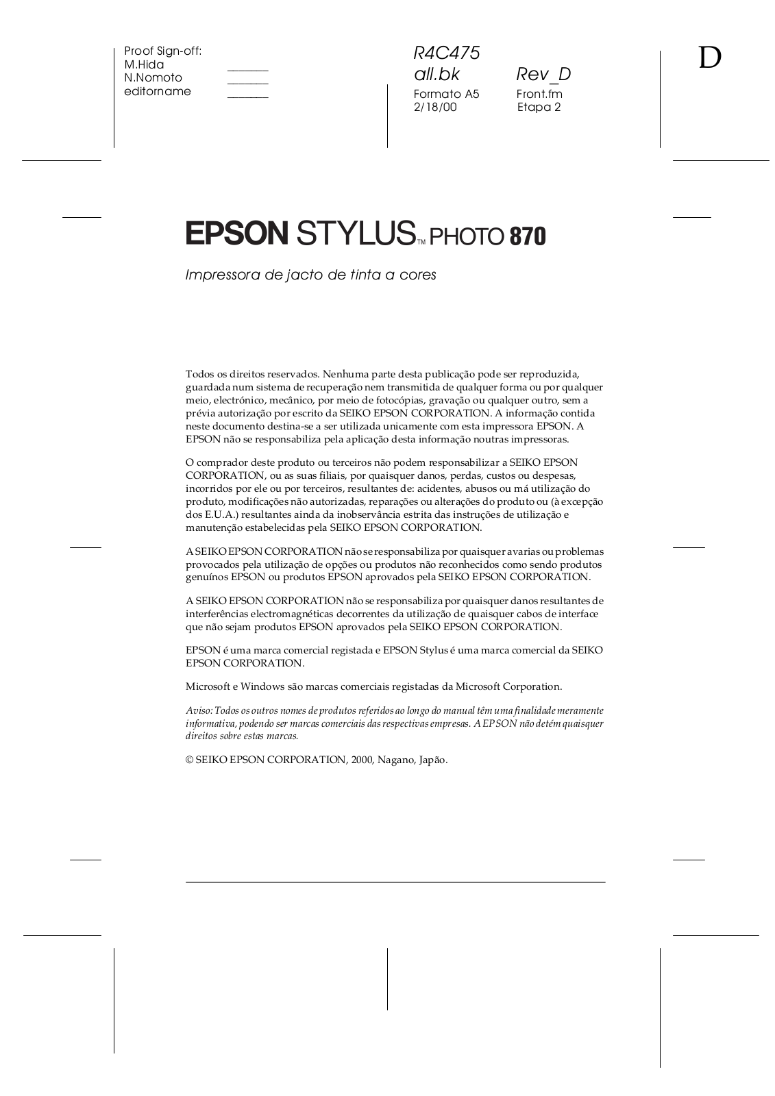 EPSON 870 User Manual