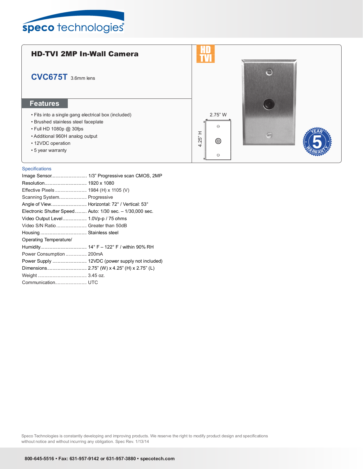 Speco CVC675T Specsheet