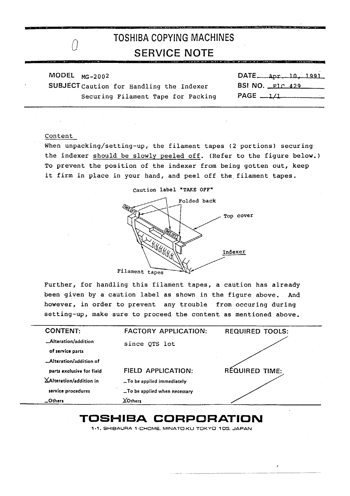 Toshiba f1c429 Service Note