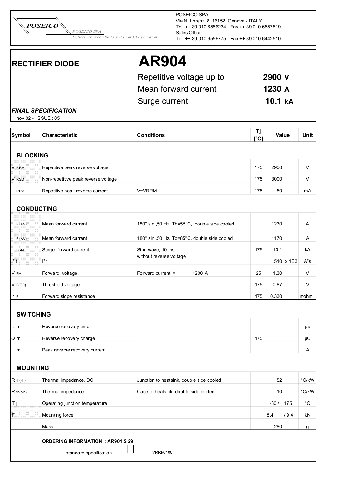 POSEICO AR904S29 Datasheet