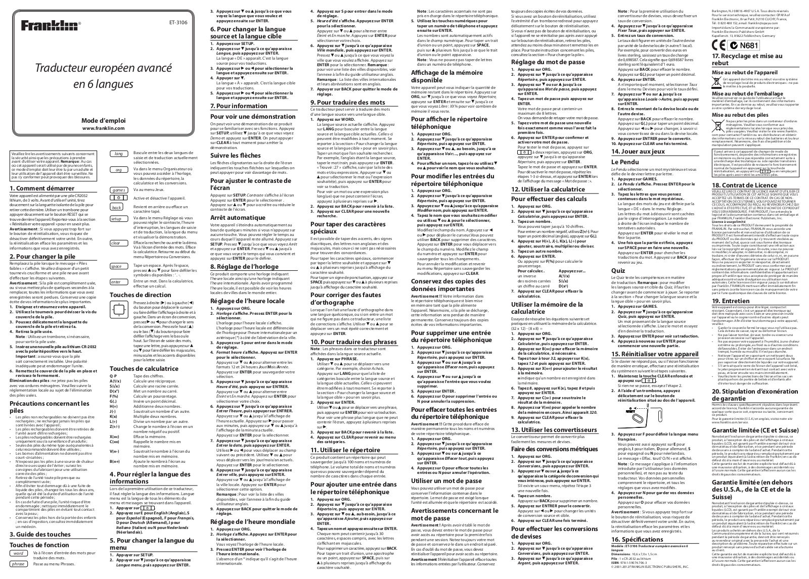 FRANKLIN ET-3106 User Manual