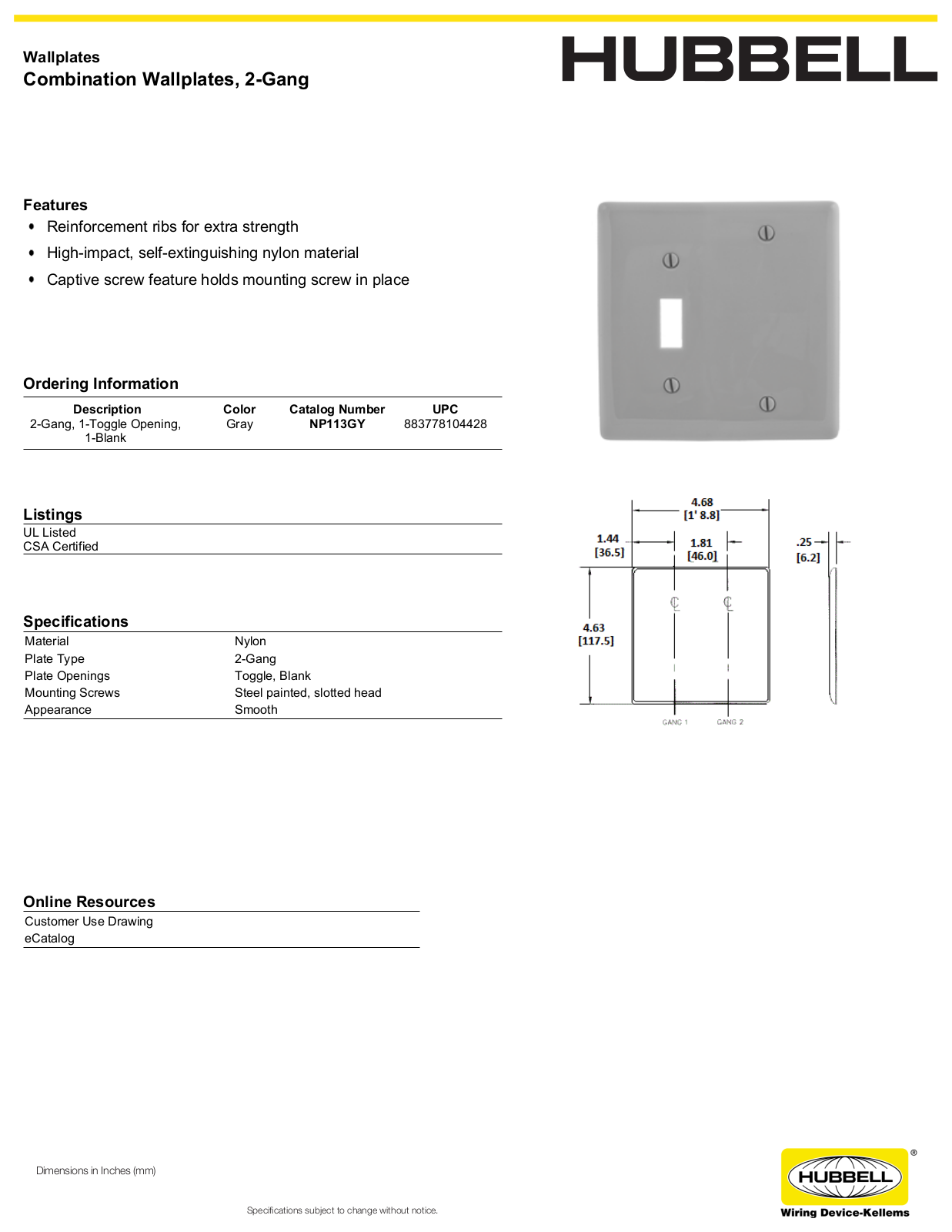 Hubbell NP113GY Specifications