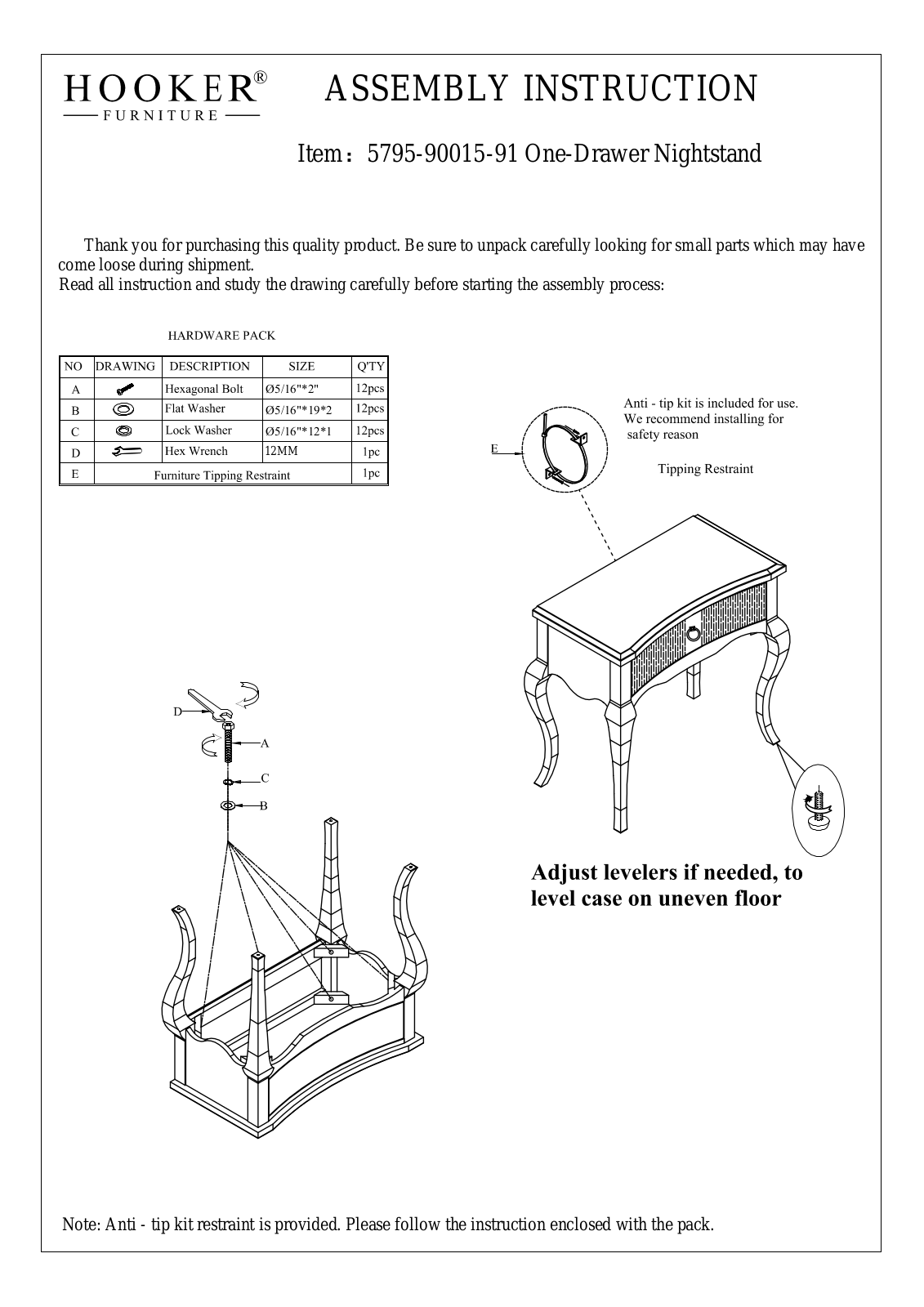 Hooker Furniture 57959001591 Assembly Guide