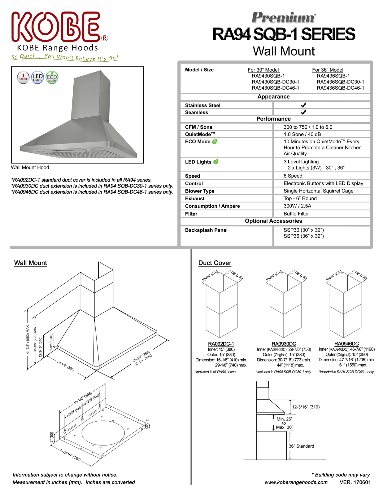 Kobe RA9436SQB1, RA9436SQBDC461 Specifications