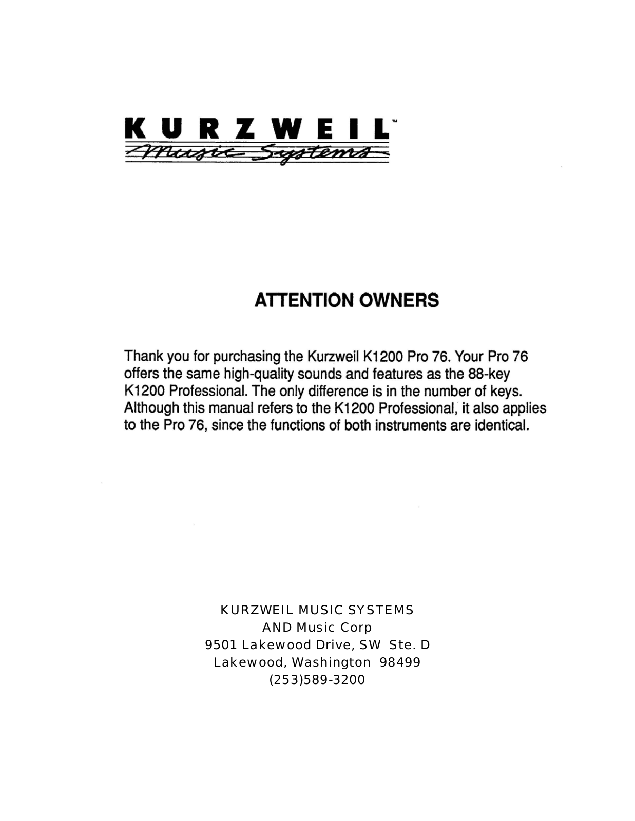 Kurzweil K1200MG User Manual