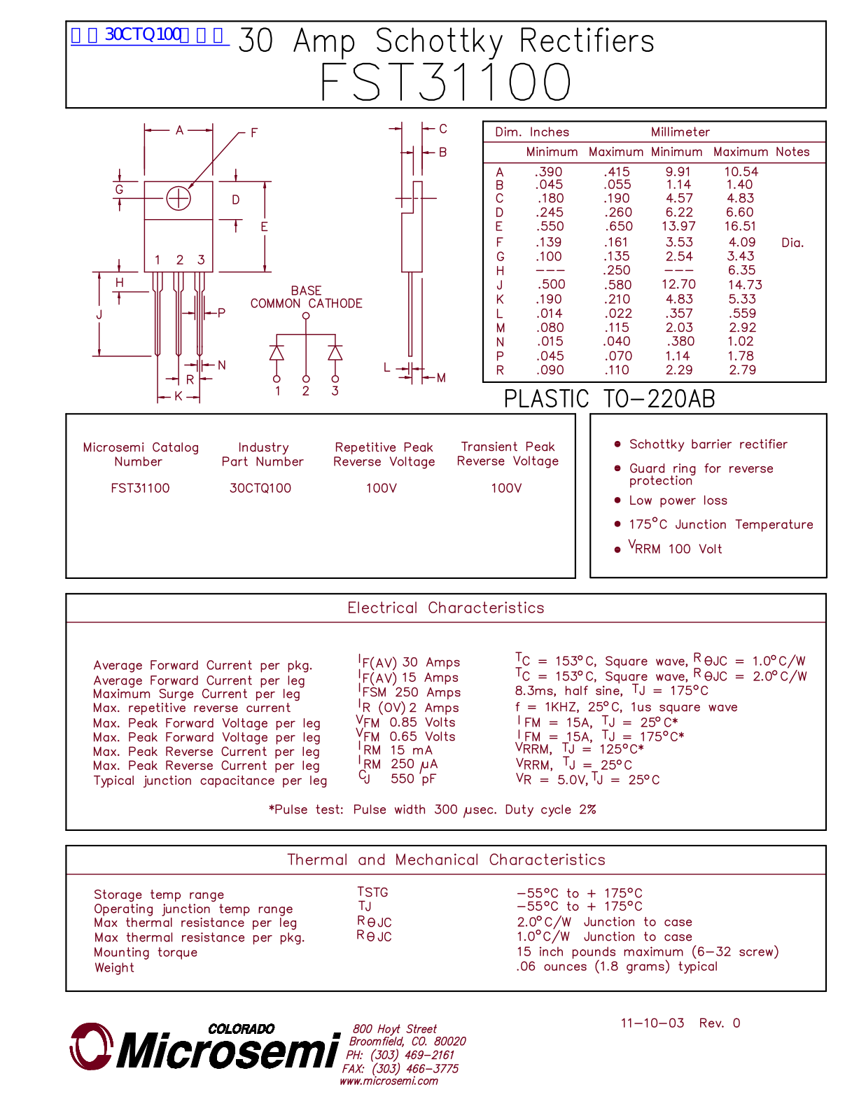 Microsemi FST31100 Technical data