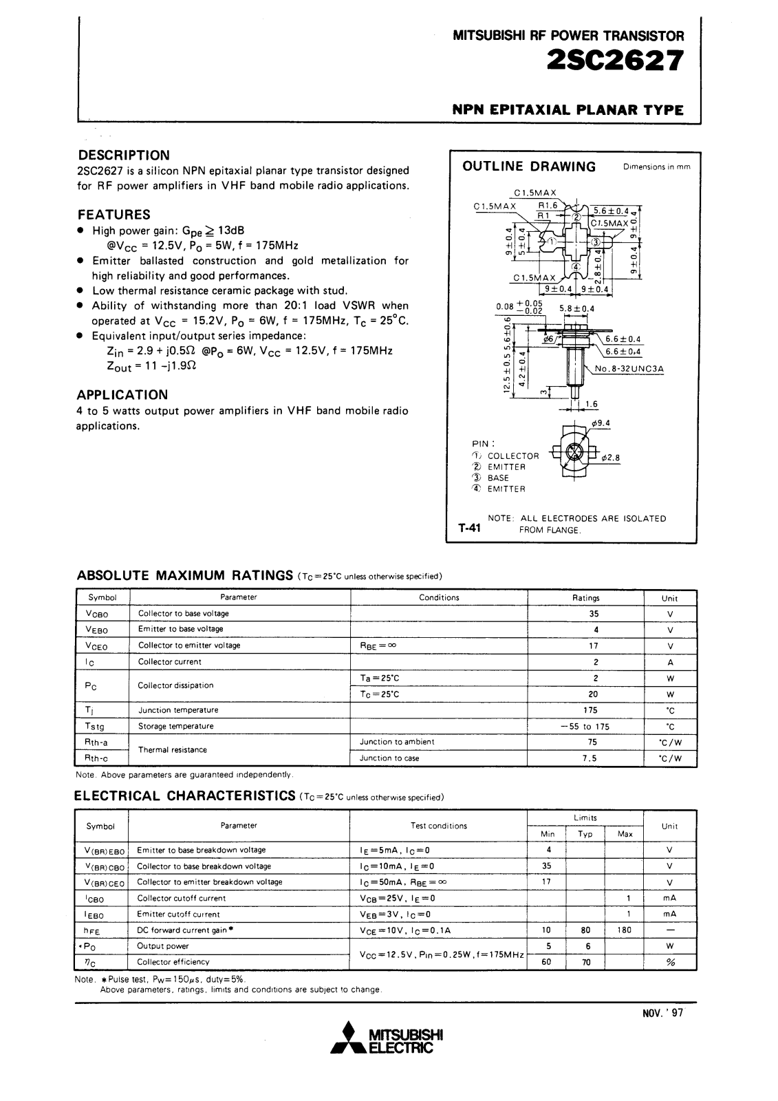 Mitsubishi Electric Corporation Semiconductor Group 2SC2627 Datasheet