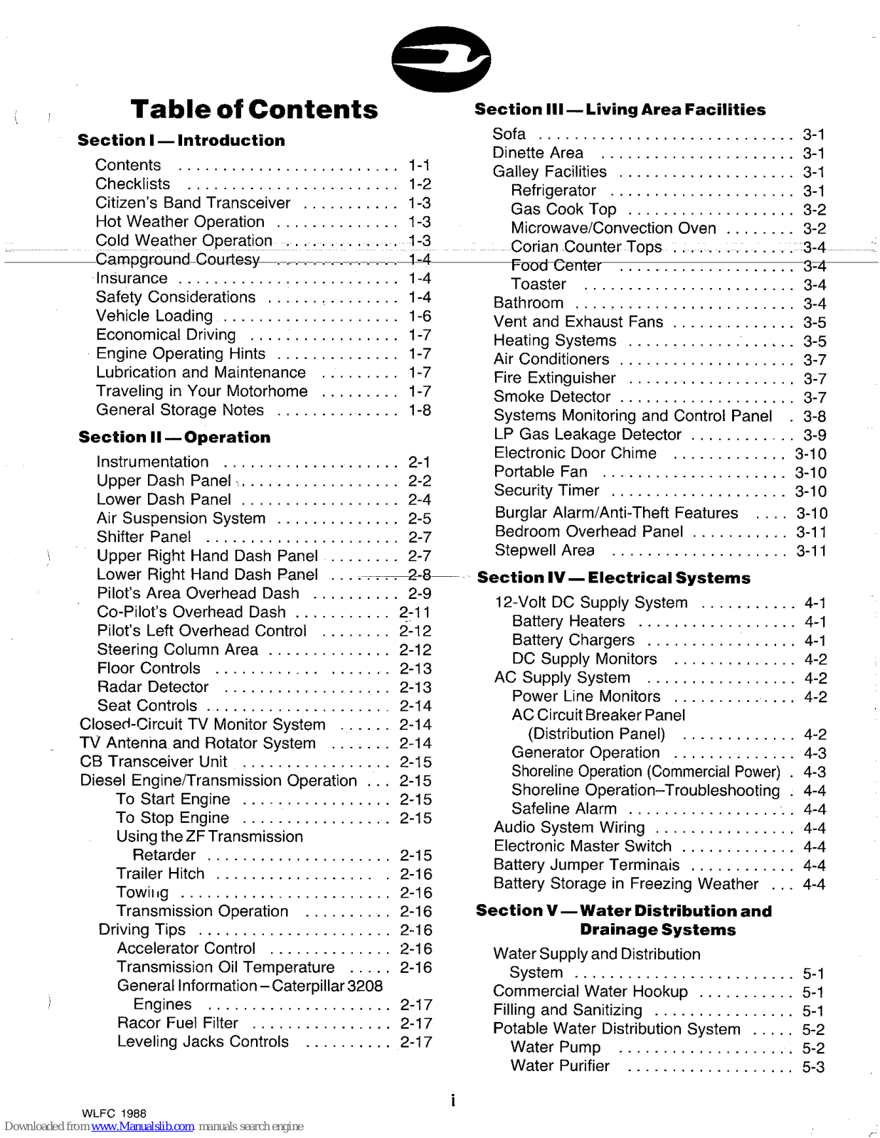 Wanderlodge WLFC 1988 Owner's Manual