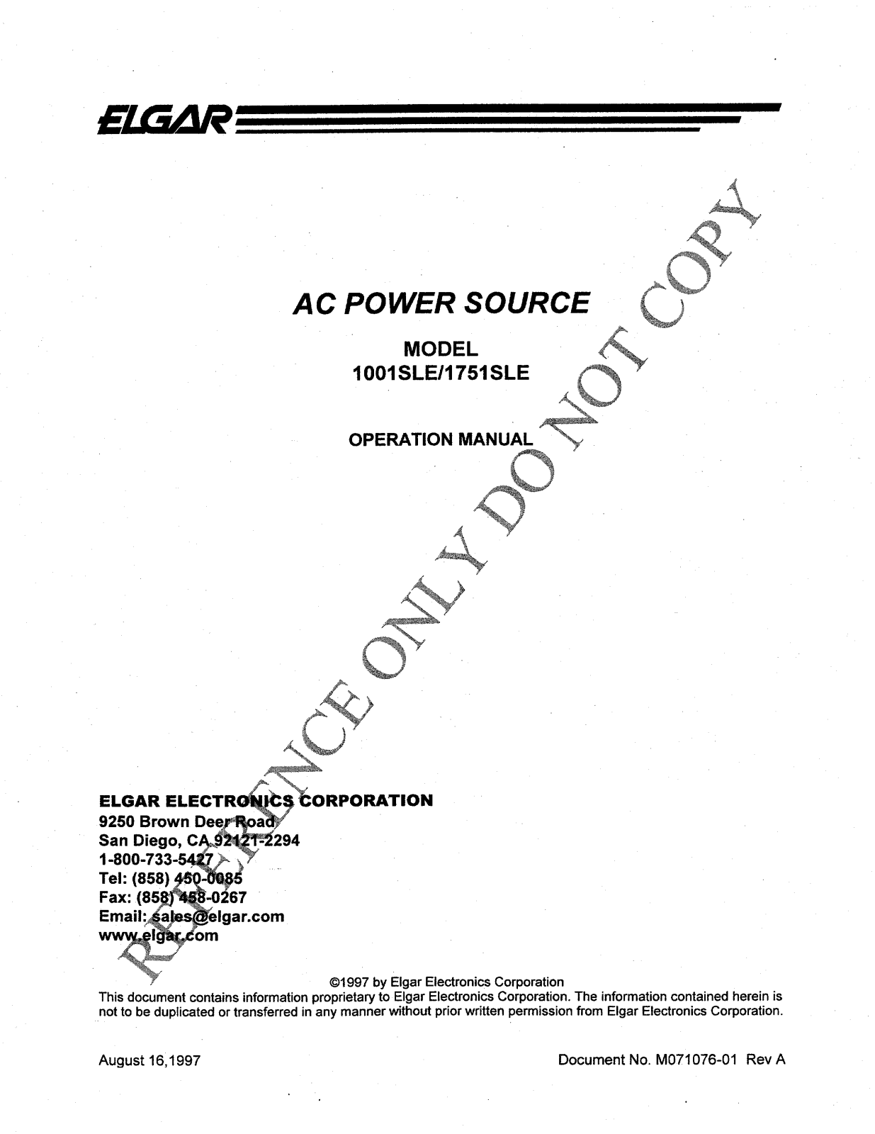 Elgar 1751SLE, 1001SLE User Manual