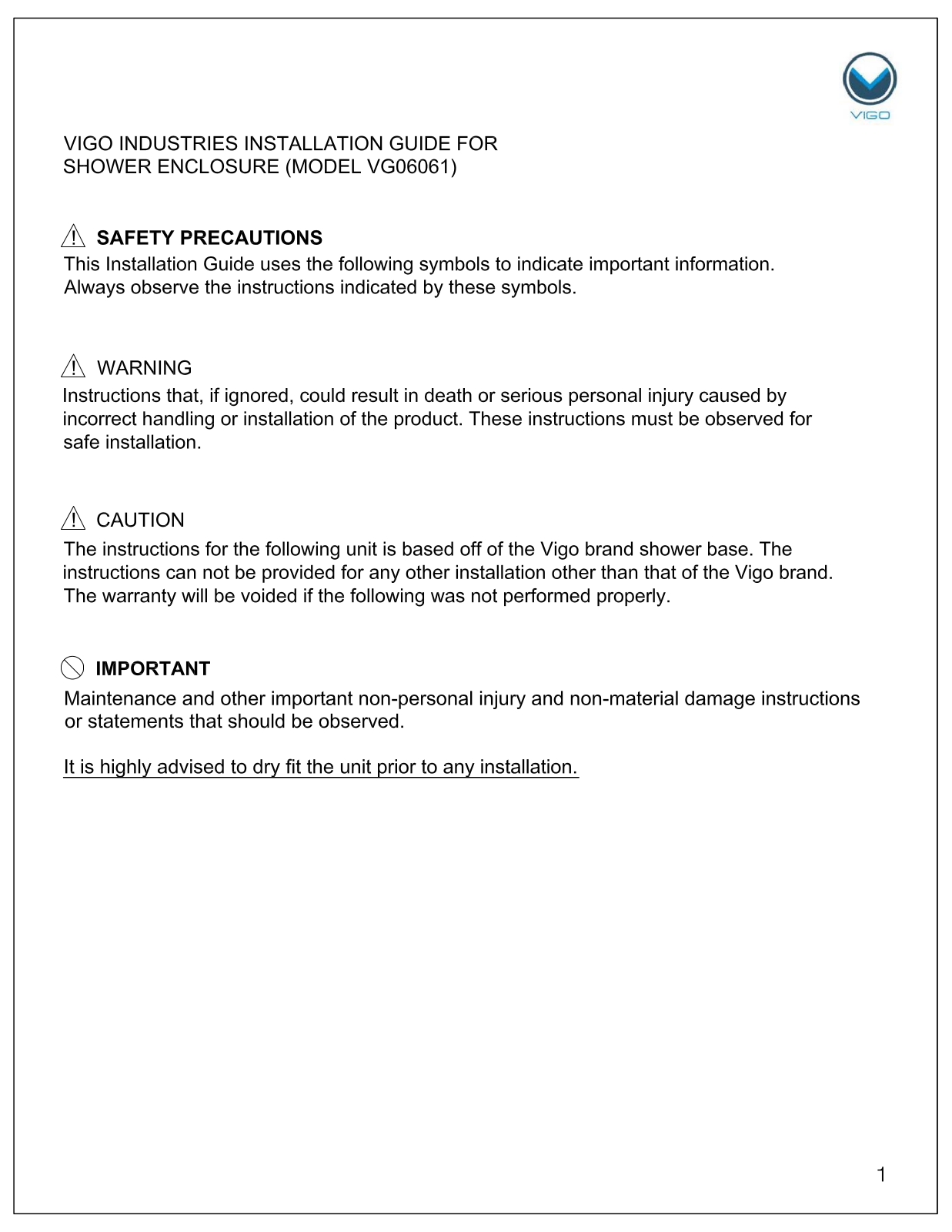 Vigo VG6061CHCL42W, VG6061CHCL40W, VG6061CHCL38W Installation Manual