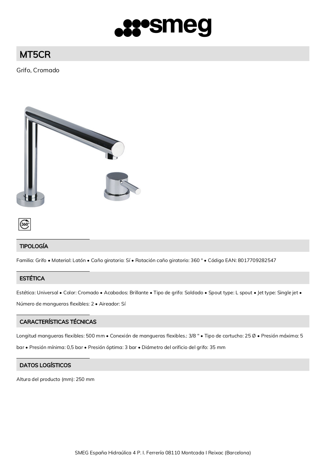 Smeg MT5CR Product Information Sheet