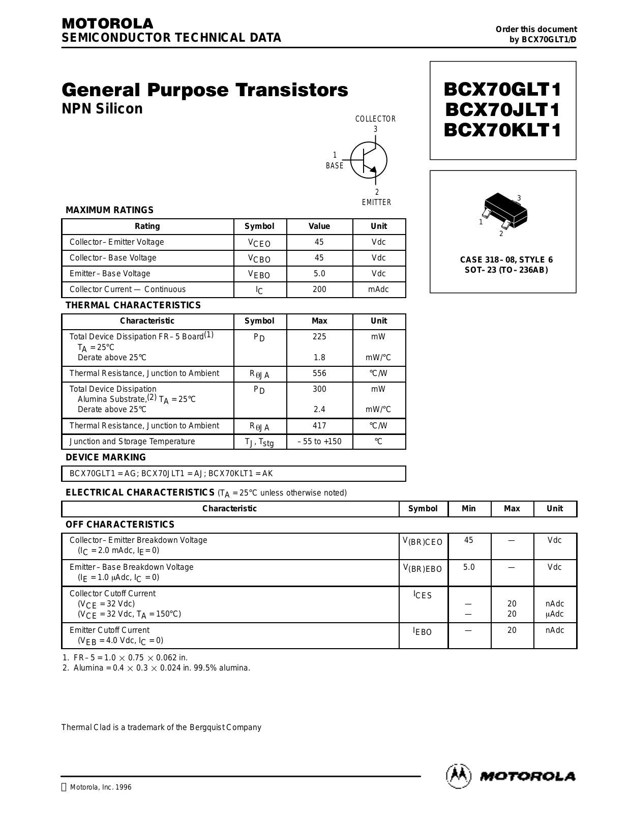 Motorola BCX70JLT1, BCX70KLT1, BCX70GLT1 Datasheet