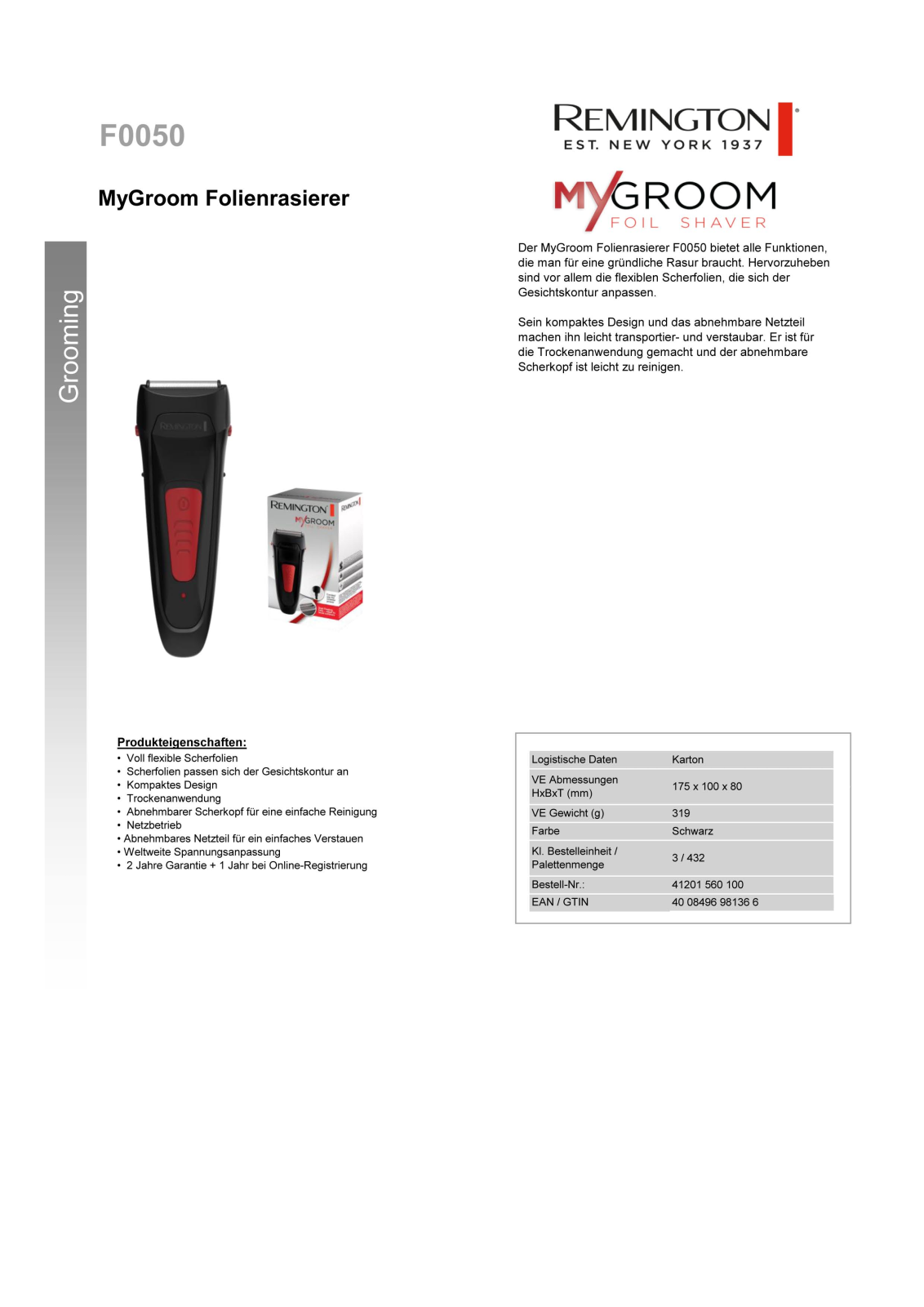 Remington F0050 Technical data