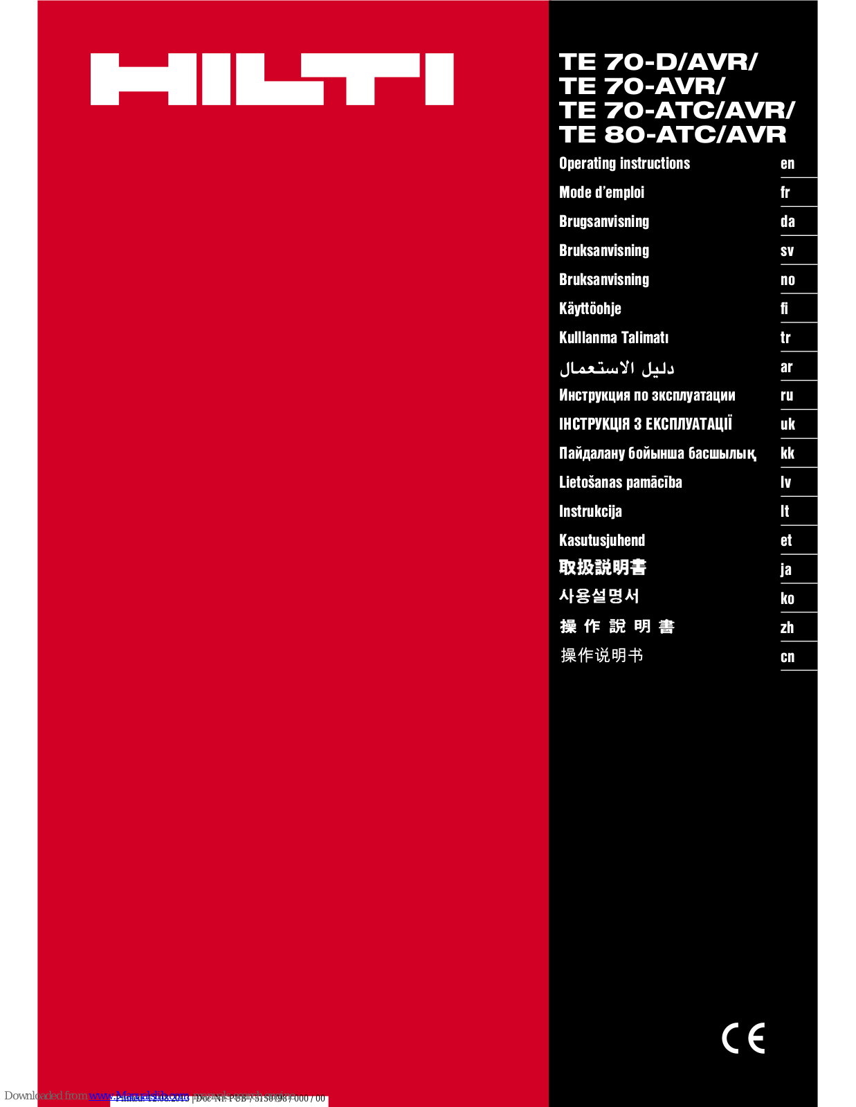 Hilti TE 70-ATC/AVR, TE 70-AVR, TE 70-D/AVR, TE 80-ATC/AVR Operating Instructions Manual