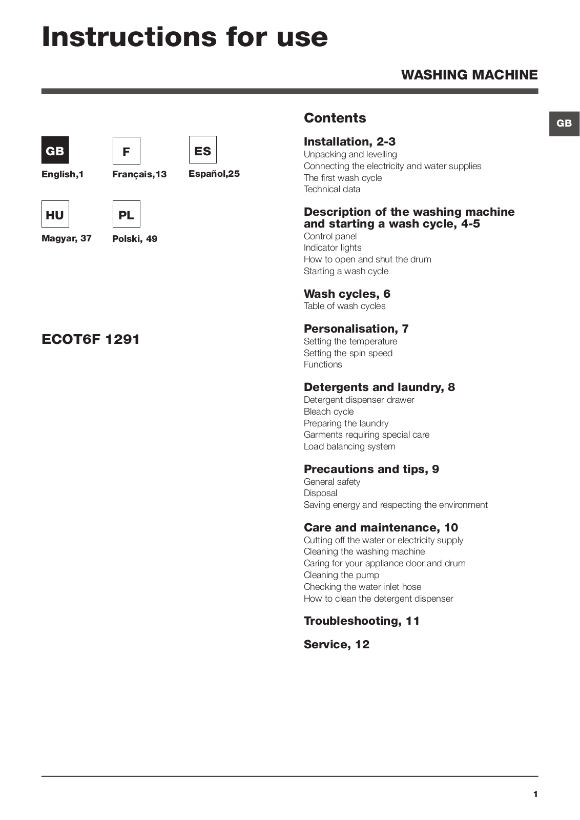 Hotpoint Ariston ECOT6F1291 User Manual