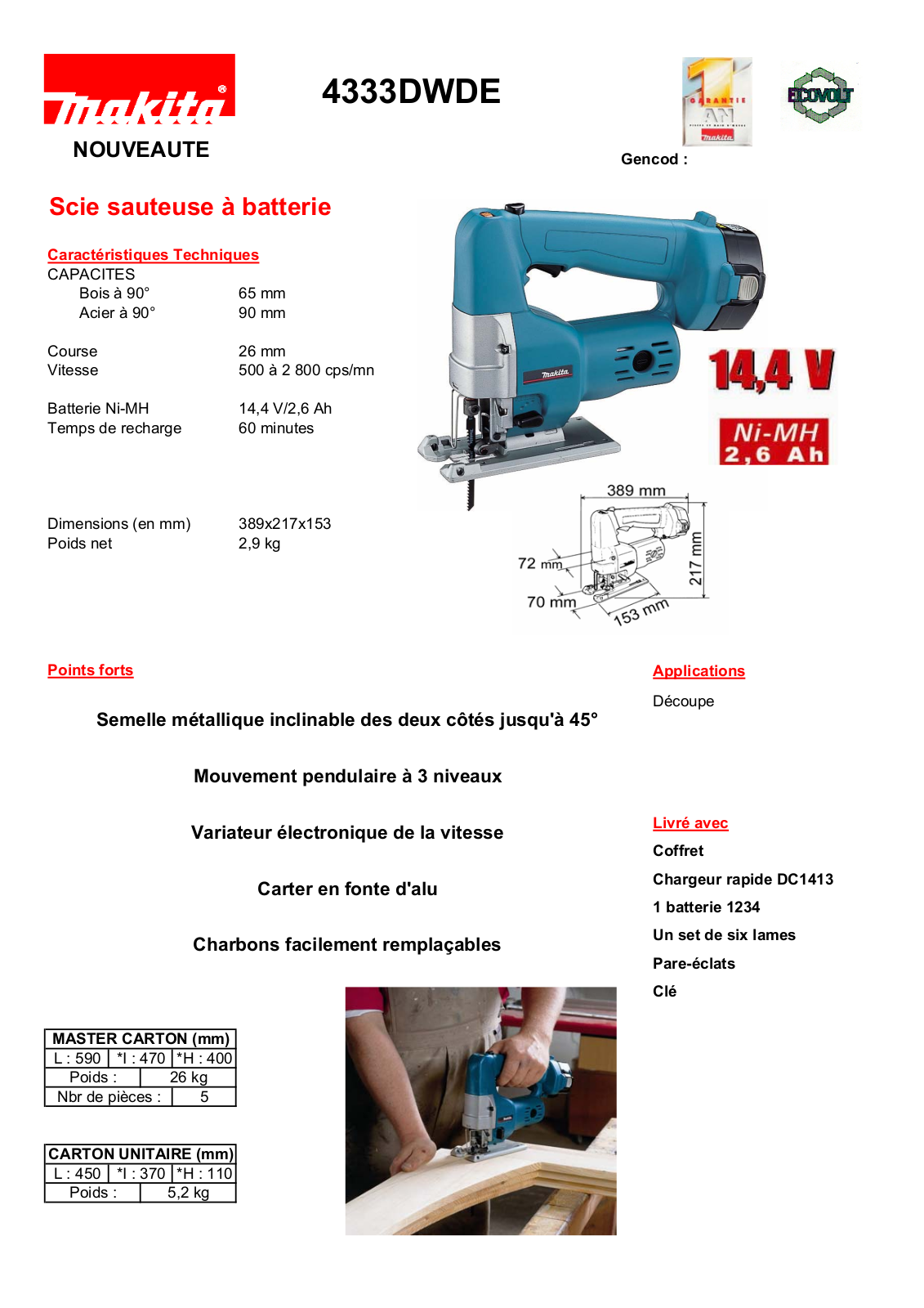 Makita 4333DWDE TECHNICAL CHARACTERISTICS