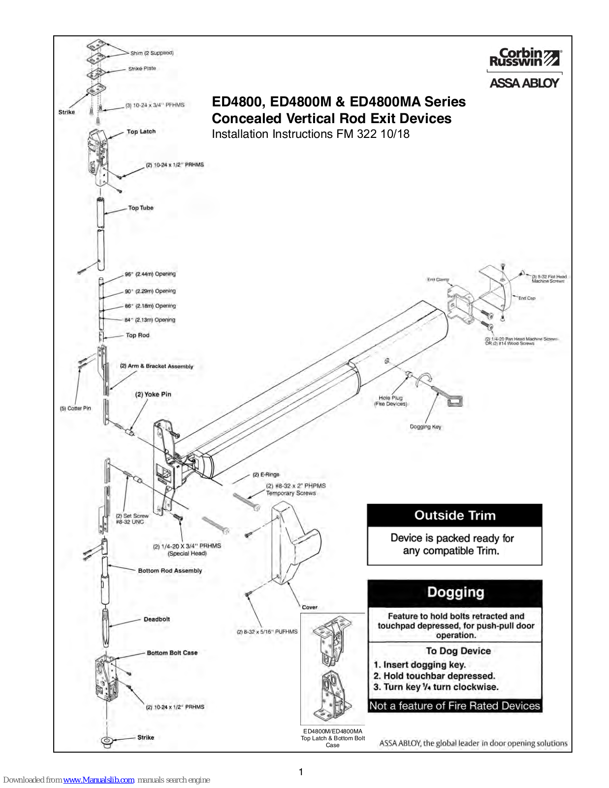 Corbin Russwin ED4800 Series, ED4800M Series, ED4800MA Series Installation Instructions Manual