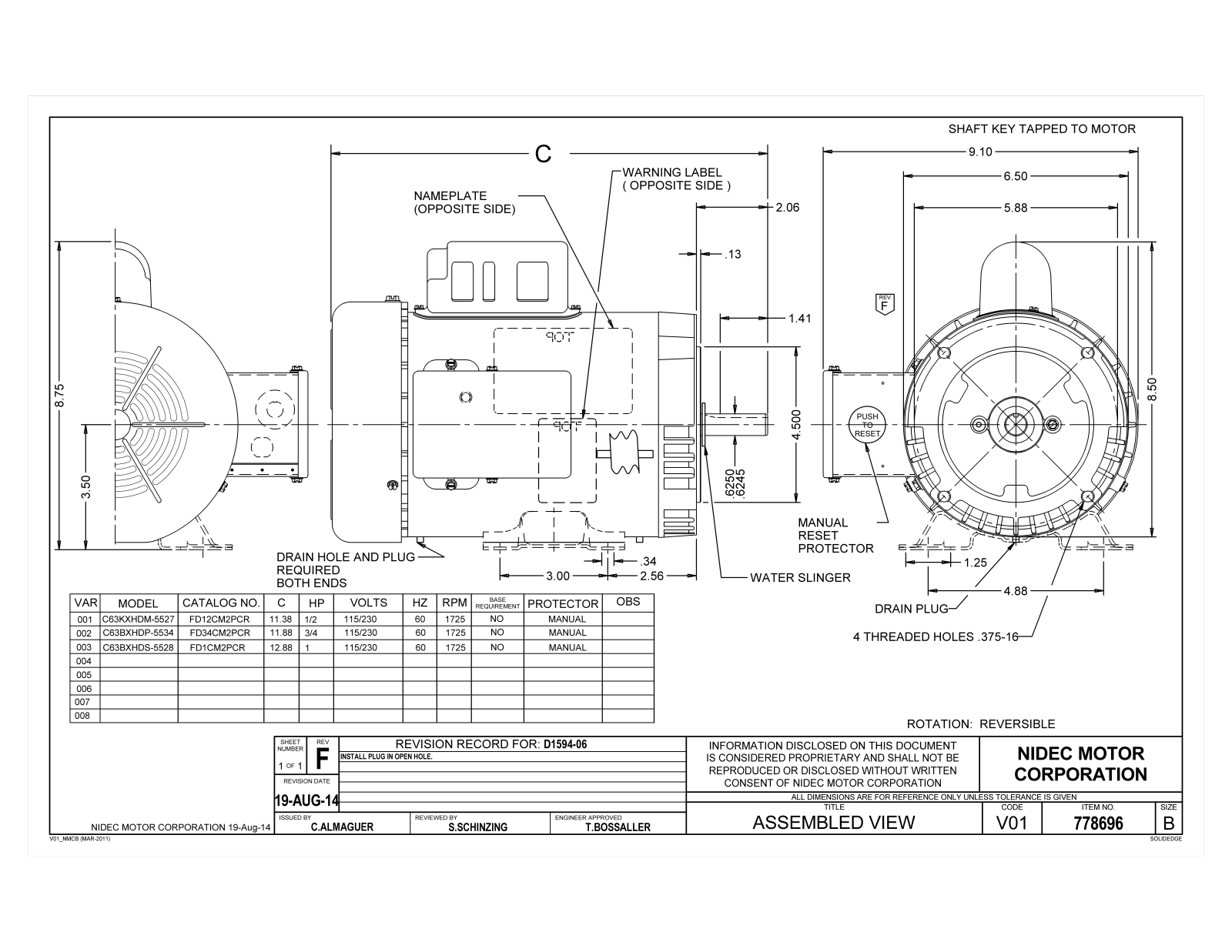 US Motors FD12CM2PCR, FD34CM2PCR, FD1CM2PCR Dimensional Sheet