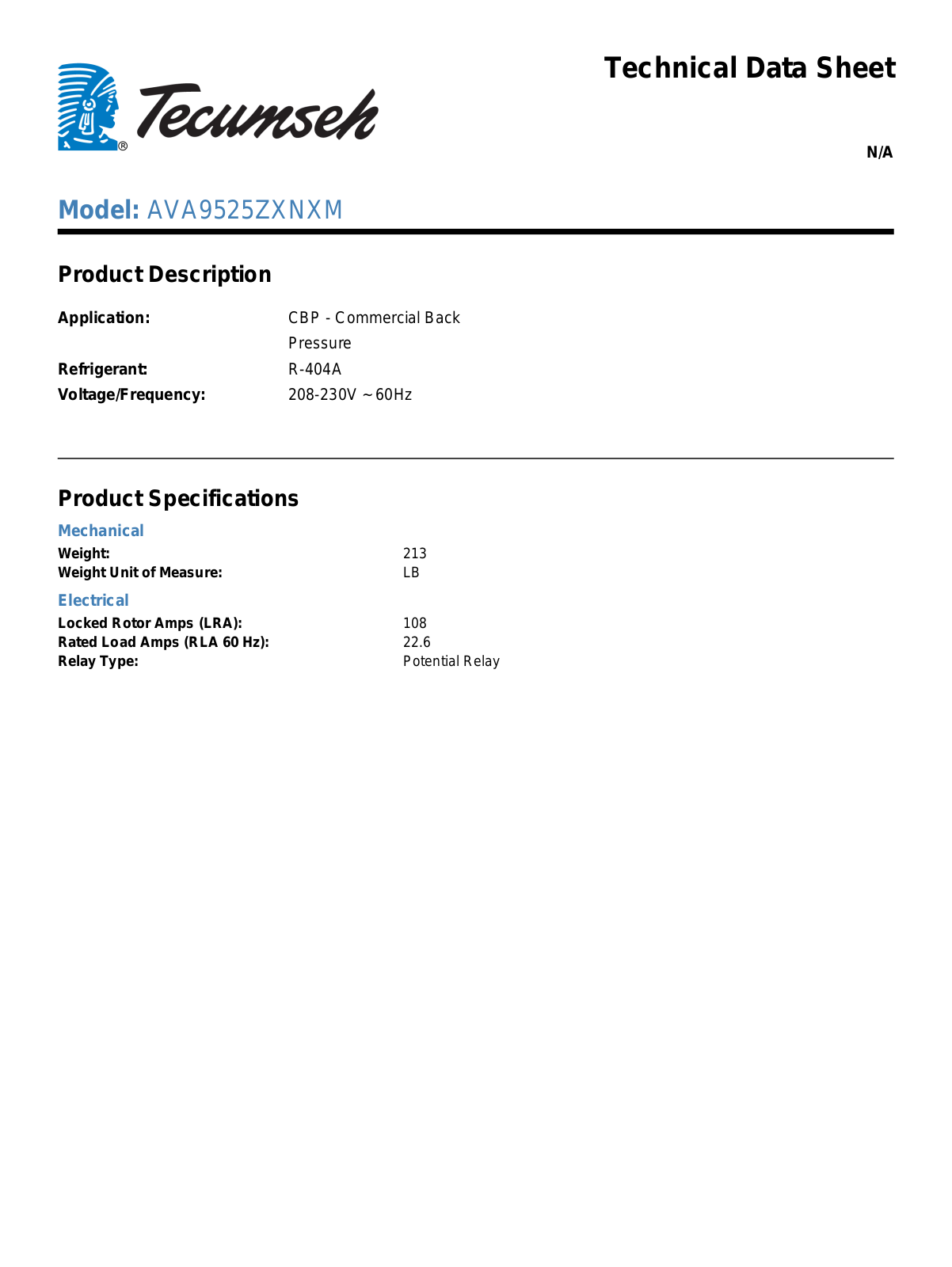 Tecumseh AVA9525ZXNXM Technical Data Sheet