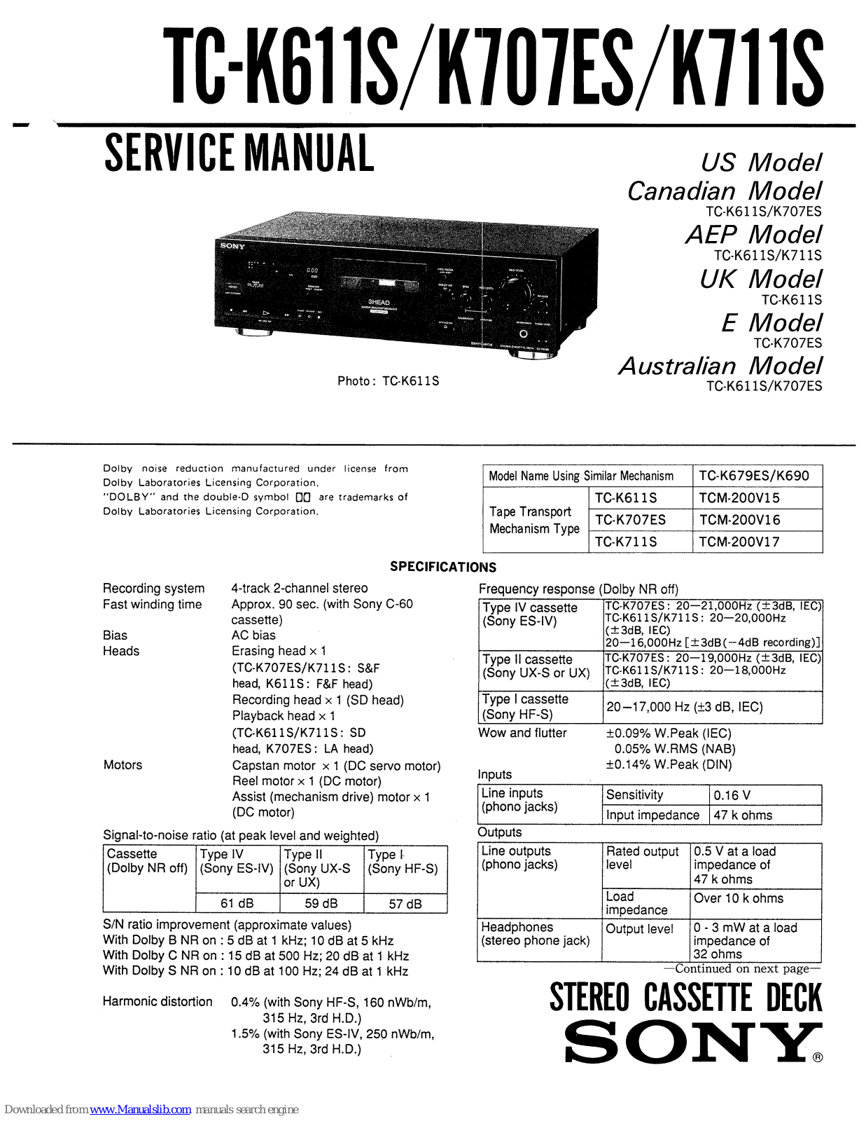 Sony TC-K611s Service Manual