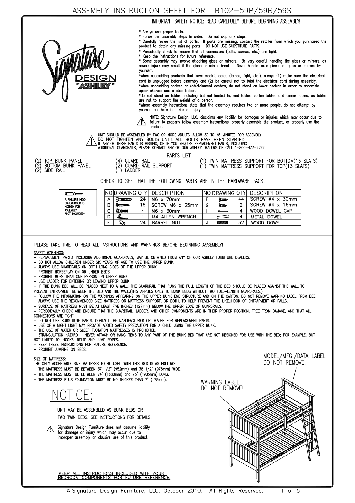 Ashley B10259P59R59S Assembly Guide