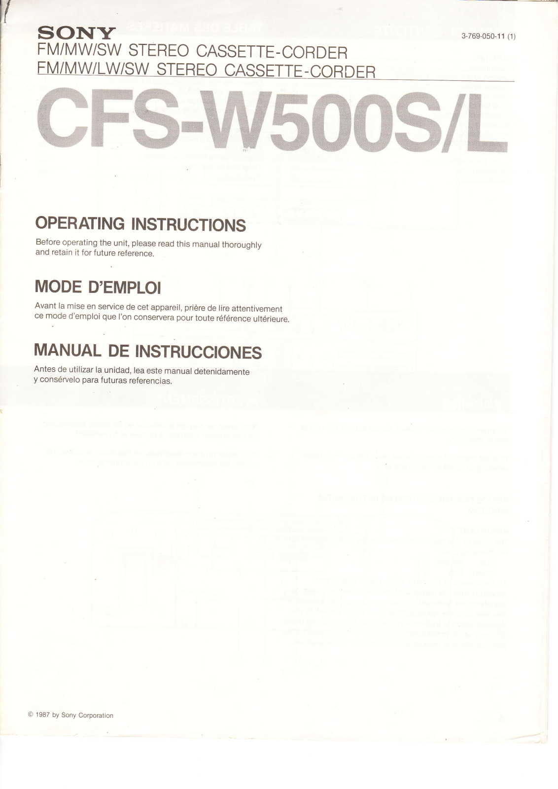 SONY CFS-W500L, CFS-W500S User Manual